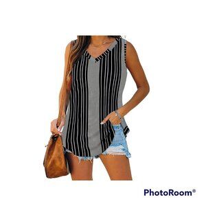 XIEERDUO V Neck Tank Top Black & Gray Striped Flowy Sleeveless Large
